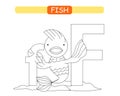 Letter F and funny cartoon fish. Coloring page. Animals alphabet a-z. Cute zoo alphabet in vector for kids learning English vocabu